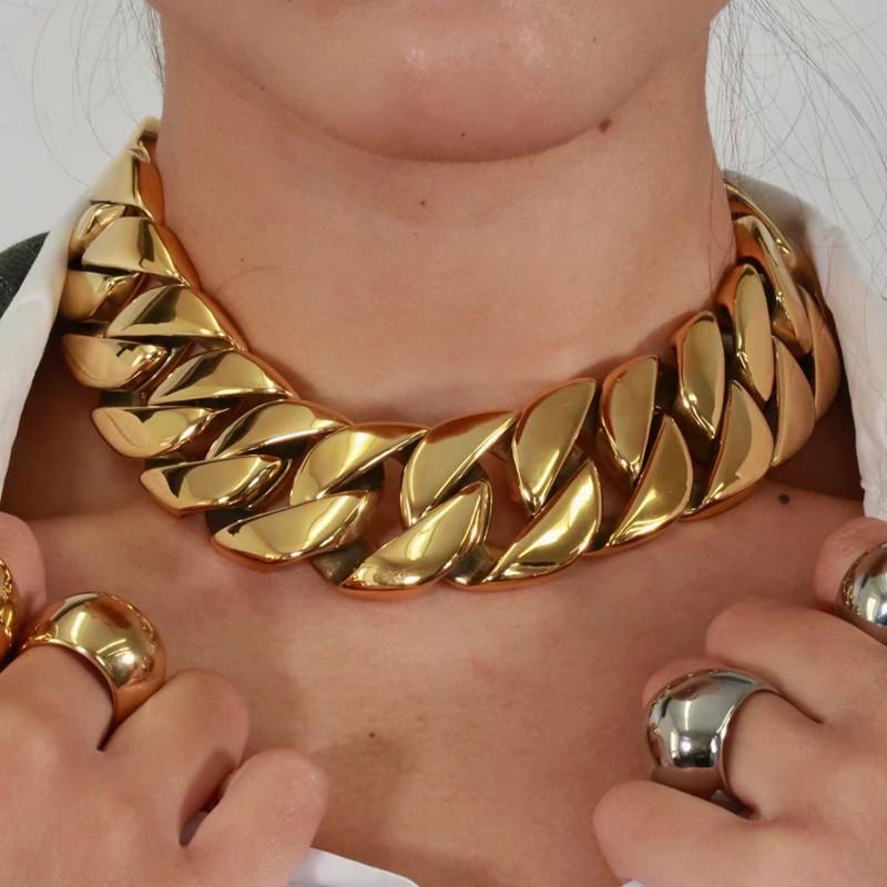 Stainless Steel Gold Plated Big Chunky Cuban Chain Choker Necklace Bracelet Fashion Jewelry Sets for Women