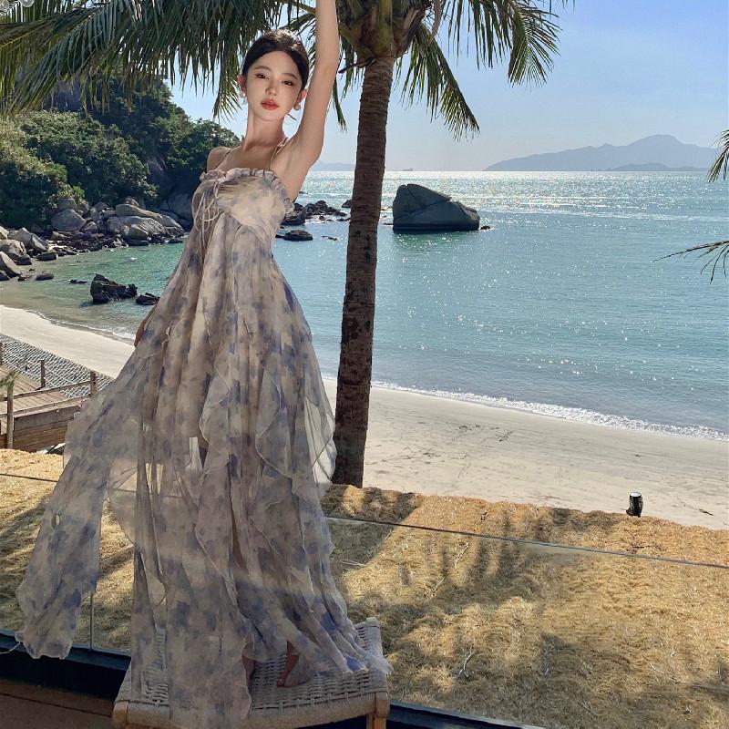 Женские летние свободные платья с цветочным принтом, висящей шеей, талией, открытой спиной, без рукавов, большие качели