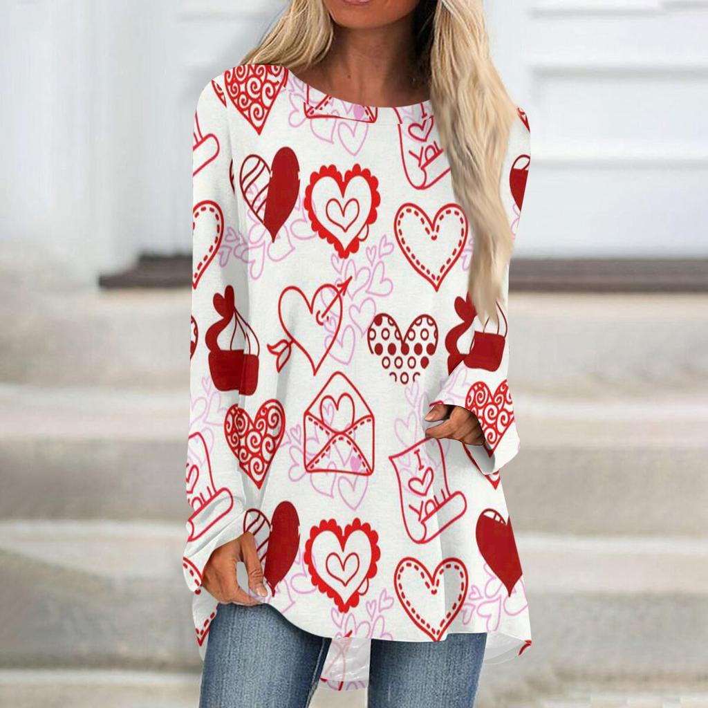Женская мода повседневная блузка с длинным рукавом и принтом «Любовь ко Дню святого Валентина», круглый вырез, пуловер