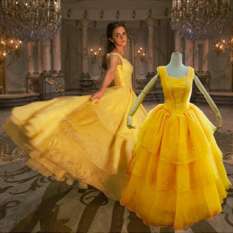 Disney Princess Belle Cosplay Costume Fancy Dress Halloween Adult Yellow Layered Full-length Ball Gowns