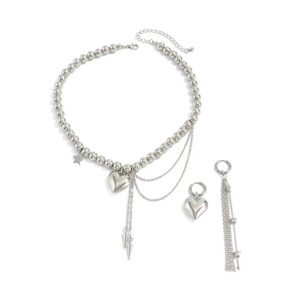 Ingemark Elegant Love Heart Pendant Choker Necklace Tassel Drop Earrings for Women Wedding Bridal Jewelry Set Halloween Gifts