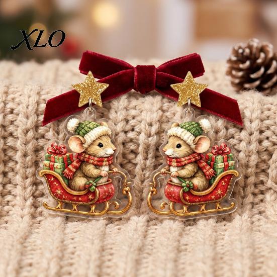 Seasonal Fashion Accessories 1 Pair Cute Christmas Mouse Acrylic Earrings, 2D Flat Cartoon Animal Dangle Earrings Drop for Women, Glitter Star Charm,