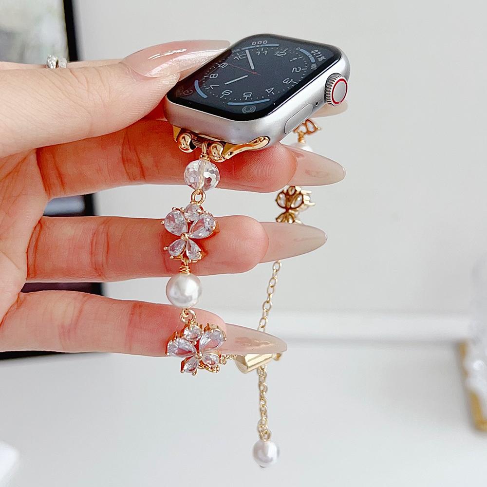 Butterfly Rhinestone Pearl Bracelet Strap for Apple Watch, Adjustable Dressy Women Wristband, Fit iWatch S11 10 9 8, 49/46/45/44/42/41/40/38mm