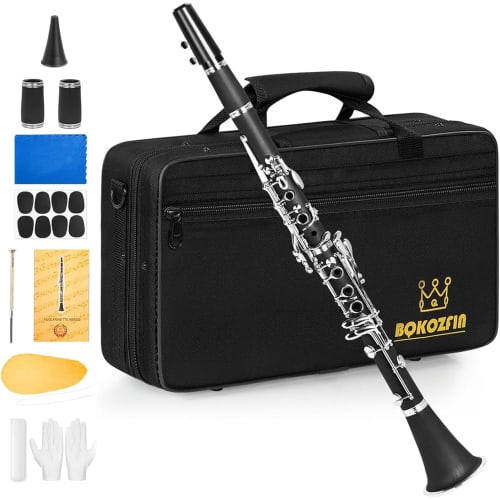 BQKOZFIN Clarinet, B, 17 Keys, Nickel-Plated, ABS Resin Body, Beginner's Wind Instrument Set, F-300, Easy Care, Black (Performance)