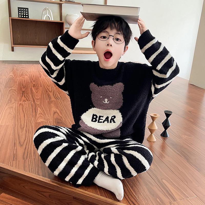 Полосатый мультяшный пижамный комплект для мальчиков на осень/зиму: Мягкий, Плотный и Пушистый Двухпредметный