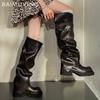 Кожаные массивные модные женские высокие сапоги на среднем каблуке с пряжкой дизайнерские высокие мотоциклетные сапоги до колена зима 2024 трендовые ботинки женские