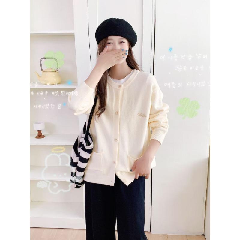 Осень и зима новый повседневный свободный кардиган с вышивкой и круглым вырезом, универсальный мягкий восковой однобортный свитер, женское пальто