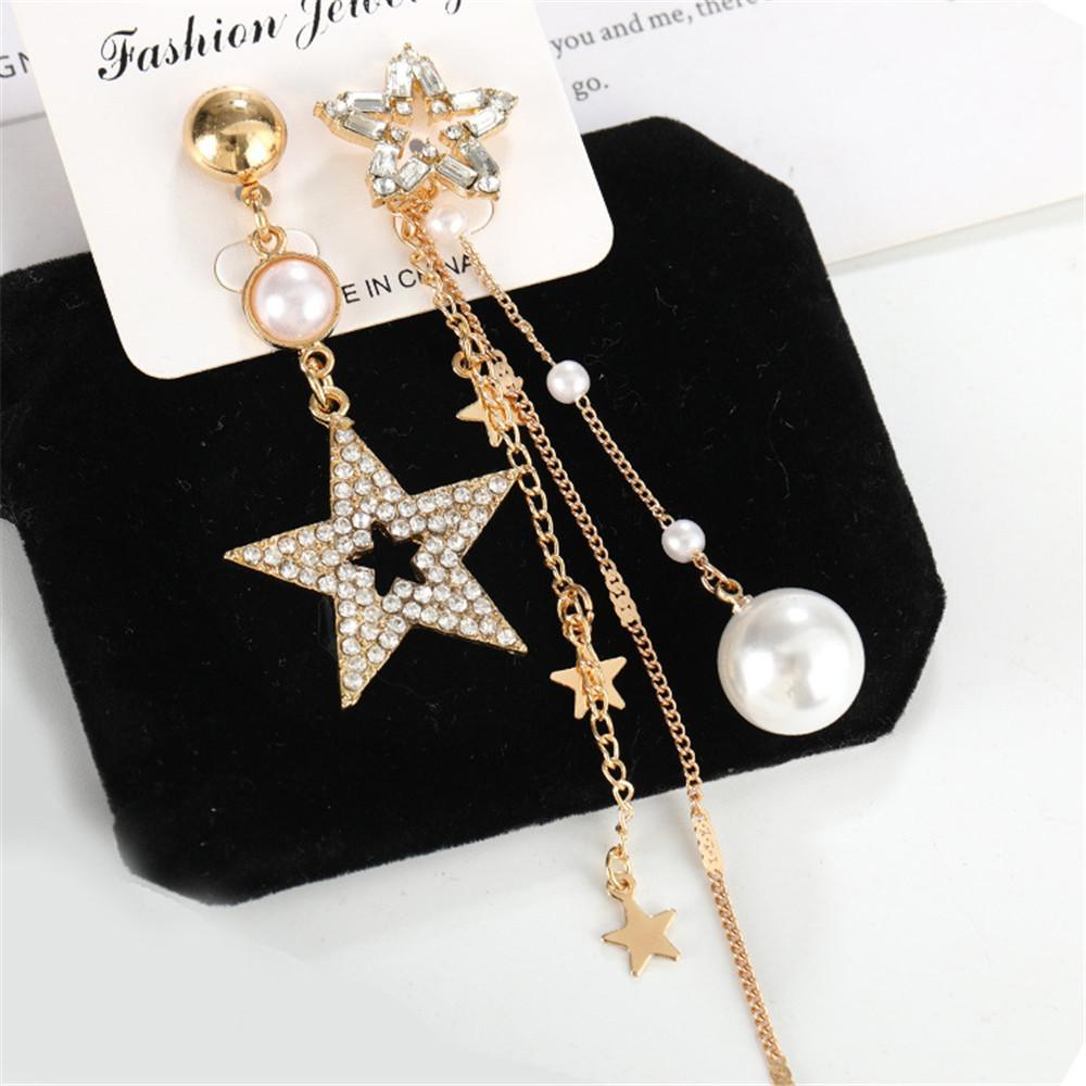 Асимметричные серьги со звездами из сверкающего циркона, серьги темперамент с длинной бахромой, серьги-гвоздики с корейским хрустальным жемчугом.