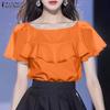 Women Casual Ruffles Splice Round Neck Loose Short Sleeve Blouse