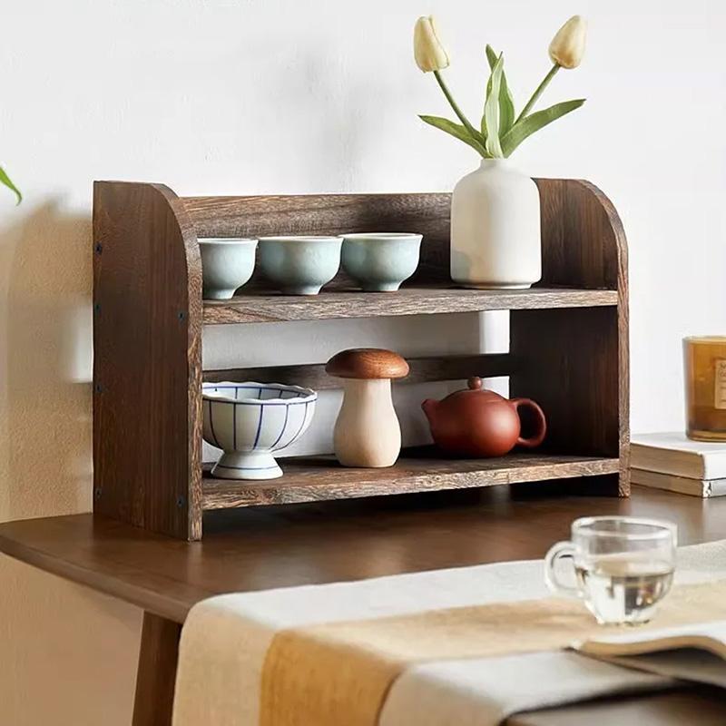 1Pc Desktop DIY Shelf Tray Display Rack Cup Tea Set Solid Wood Chinese Style
