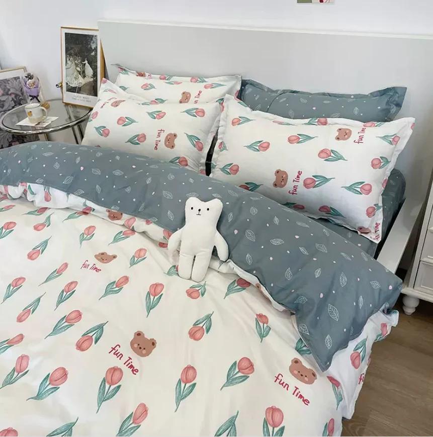 Striped Flower Duvet Cover Set + Flat Sheet + 2pc Pillowcases Single Double Twin Queen King Size Bed Linen Bedding Textile B90F