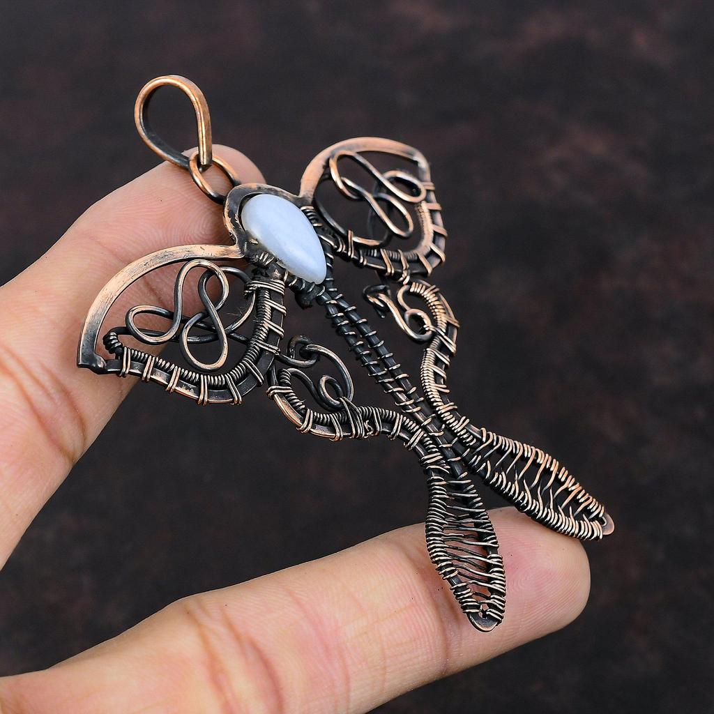 Подвеска из голубого кружевного агата, подвеска из медной проволоки, подвеска ручной работы в виде бабочки, медное ювелирное украшение, подвеска с драгоценным камнем, дизайнерский кулон, свадебный подарок