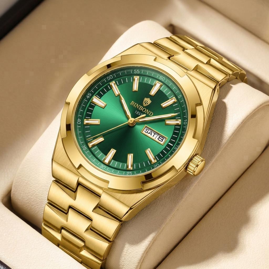 1pcs Fashion Simple Men's Watch Silver Metal Strap Green Dial Day Date Display Business Casual Versatile