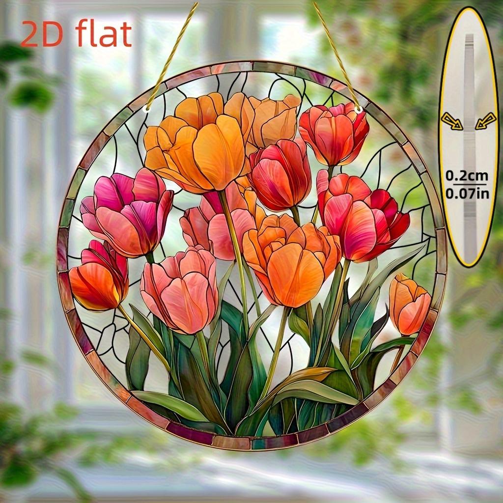 2D Flat, 2D Flat Bohemian Style Round Acrylic Sunflower Garden Suncatcher - Painted Effect Window Hanging Decoration, Multicolor Tulip-Shaped Flowers