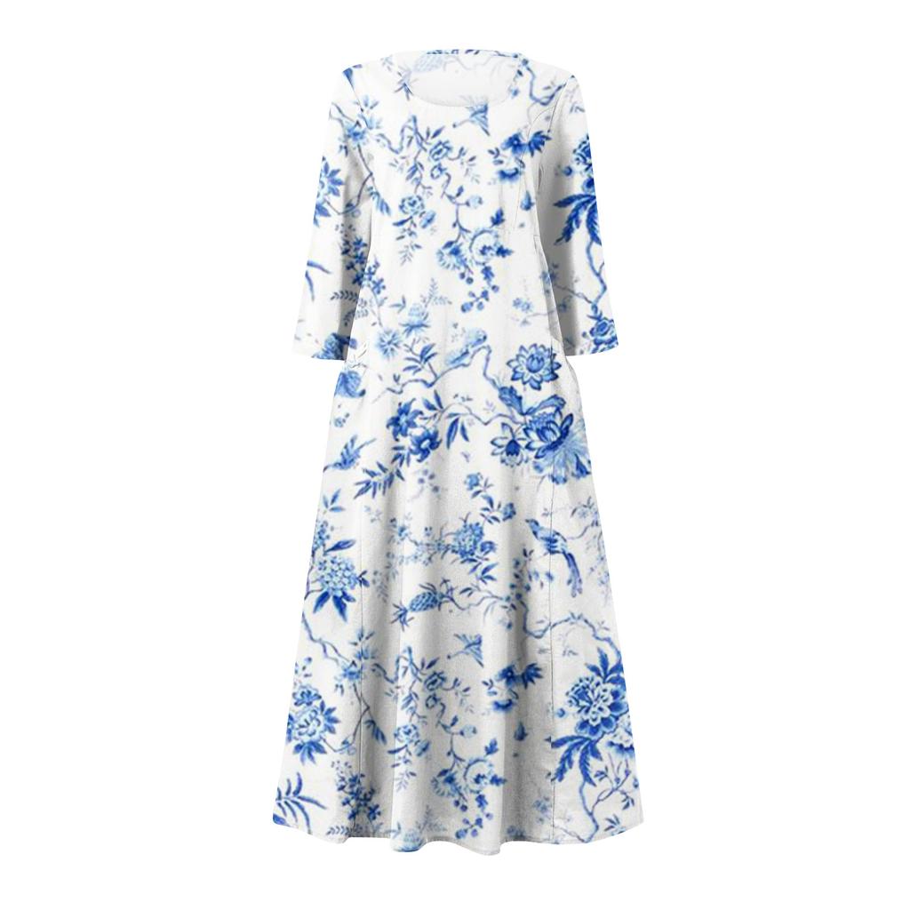 Женское модное повседневное свободное карманное платье с круглым вырезом и рукавами 3/4