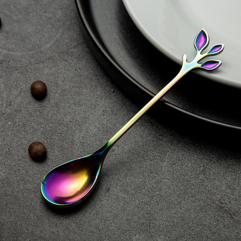 Набор ложек и вилок из нержавеющей стали Golden Leaf — маленькая кофейная, для помешивания, десертная ложка с креативной фруктовой вилкой