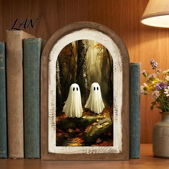 Autumn Tiered Tray Decor Ghost Arched Wall Decor, Cute Halloween Table Sign, Rustic Farmhouse Entryway Tabletop Sign Shelf Art for Mantel Living Room