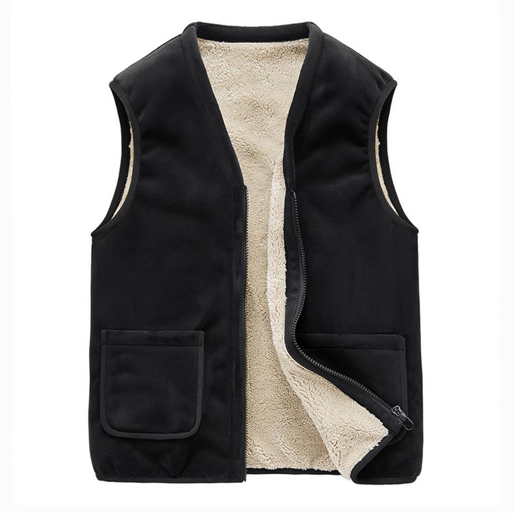 Men's Casual Fleece Solid Color Zipper Vest, Men's Stand-up Collar Lambskin V-neck Vest