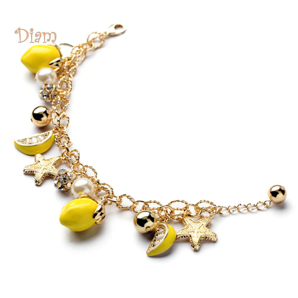 Diamonding Jewelry Creative Summer Beach Women Faux Pearl Starfish Lemon Charm Bracelet Bangle