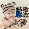 New Autumn/Winter Korean Edition Children's Knitted Hat for Boys and Girls Baby Striped Little Bear Wool Hat with Curled Cucumber Skin Warm Hat