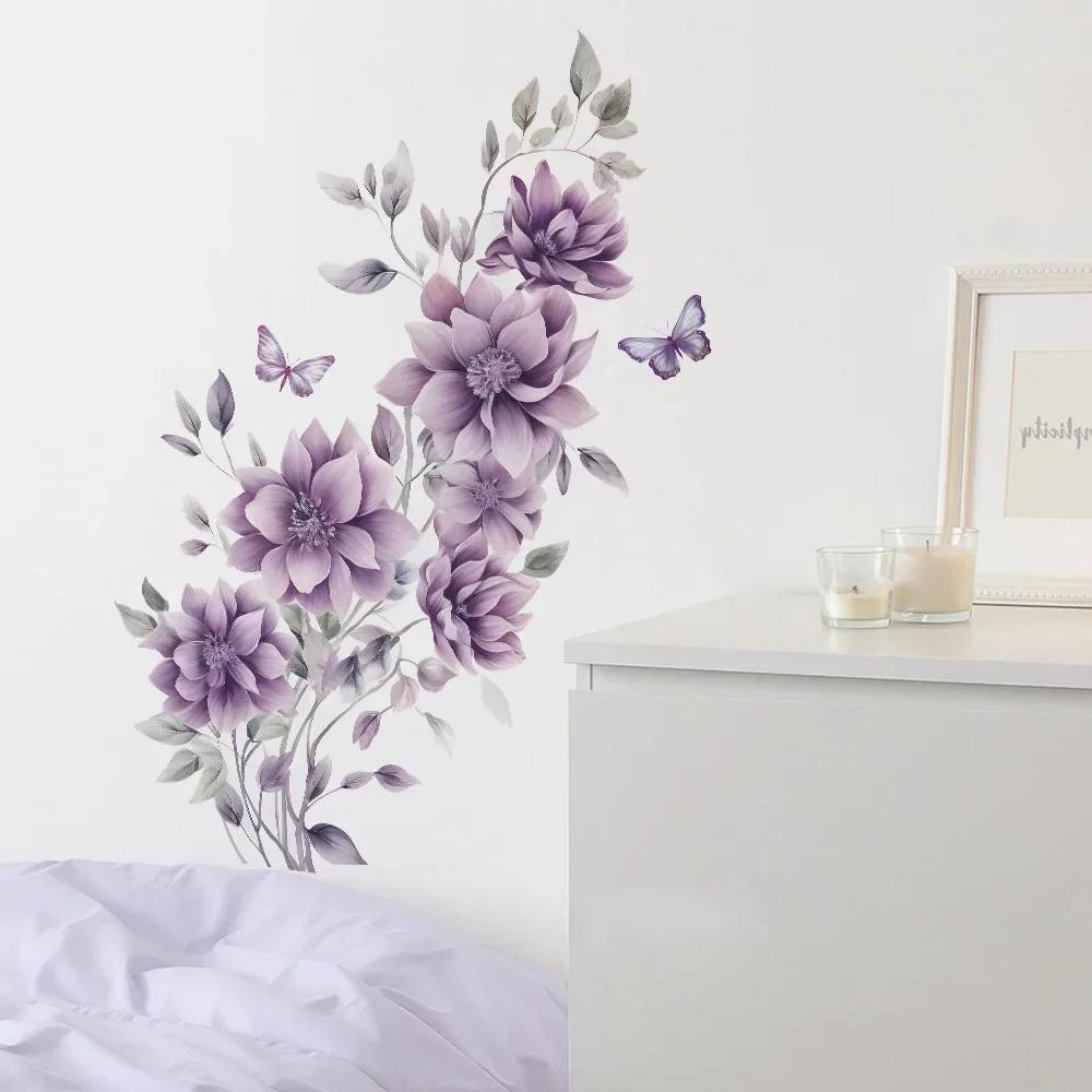 35*60 см съемные фиолетовые цветы бабочки настенные наклейки для спальни гостиной ванной комнаты стеклянное зеркало украшение