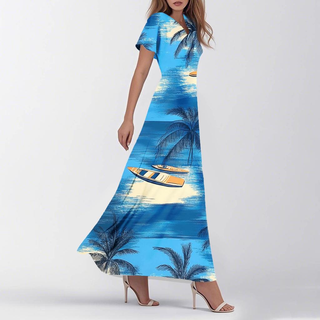 Women's Summer Casual Fashion Retro Floral Dress V Neck Short Sleeve Dress