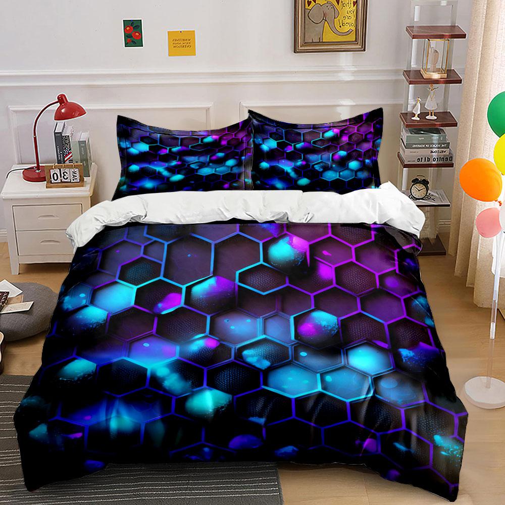3D Куб Неоновый Свет Комплект Постельного Белья 3 Предмета Современный Техно Геометрический Узор Пододеяльник с Наволочками для Односпальной/Полуторной/Двуспальной Кровати