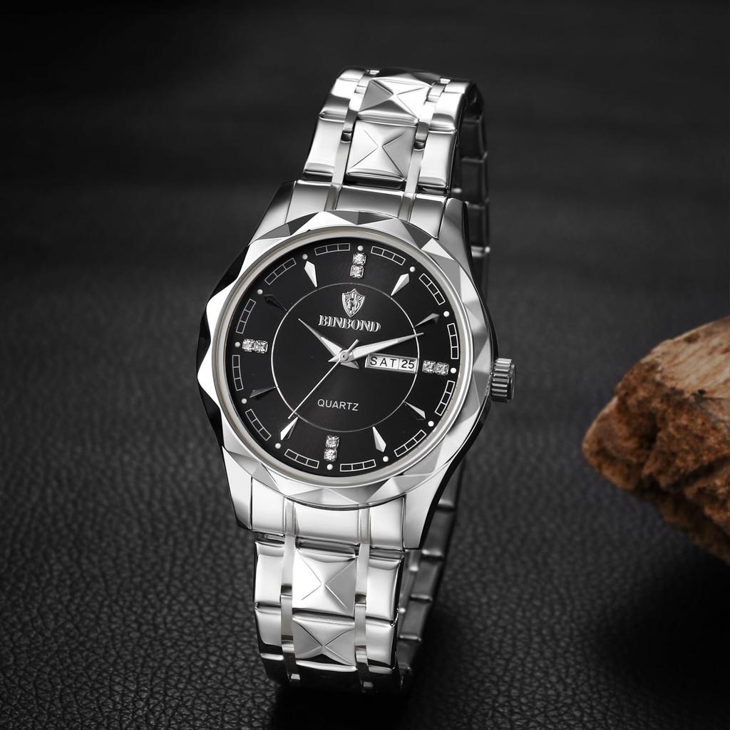 Серебряные аналоговые простые часы с календарем дней недели 3ATM водонепроницаемые повседневные деловые часы с ремешком из нержавеющей стали для рождественского подарка для мужчин