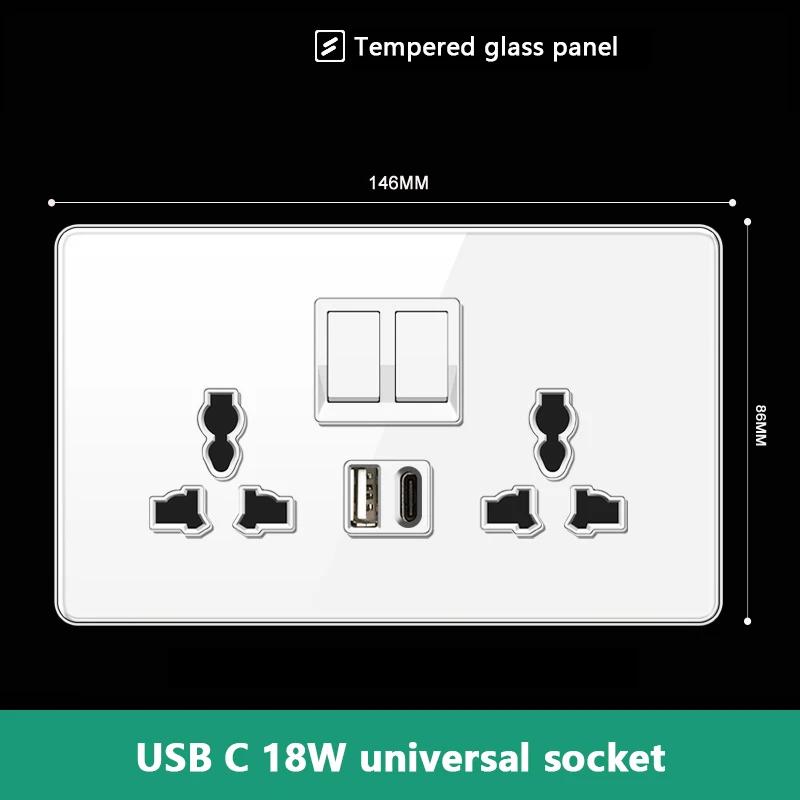 UK 13A Wall Socket with Type-C 18W Fast Charging Plug Socket,Glass Panel Power Double Universal Outlet with Quick USB C Charge
