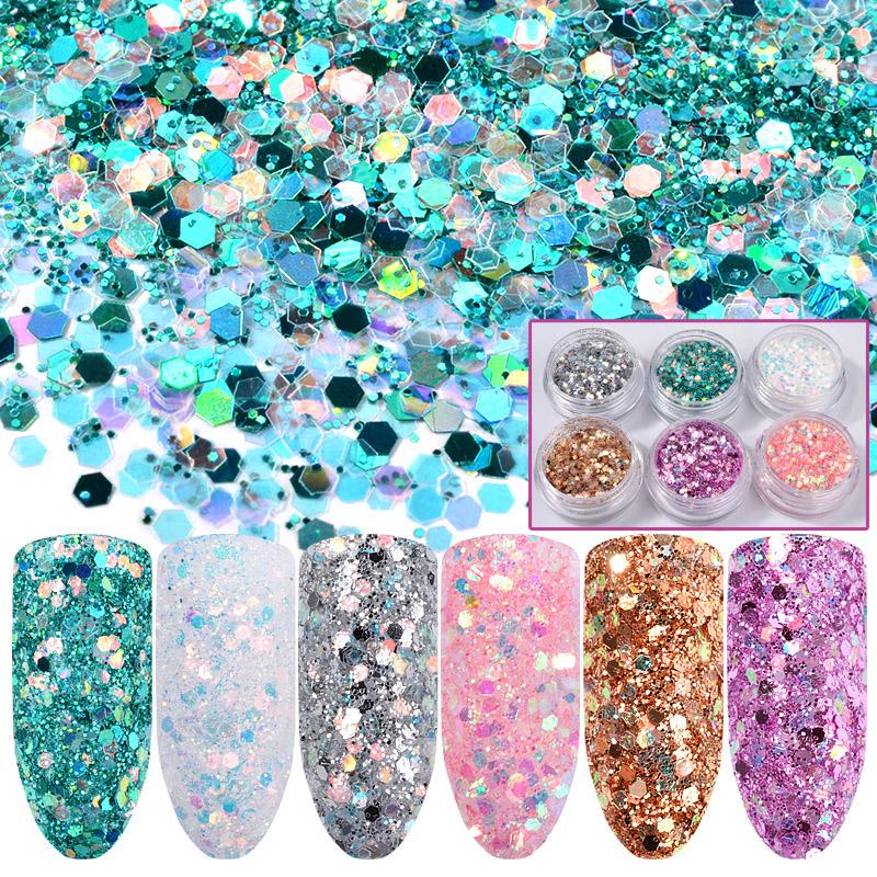 6 Pcs/Set Nail Art Jewelry Sticker Symphony Glitter Sequin Phototherapy Bright Powder Nail Polish Decoration