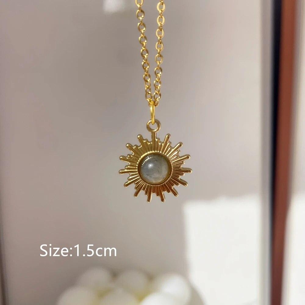 2024 New Gray Enamel Round Star Sun Charm Natural Stones Pendants Necklace Stainless Steel Clavicle Chain Jewelry