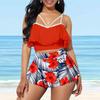 Women's Shoulder Strap Swimsuit Red Personalized Lotus Leaves Print Bikini Tankini Swimsuit