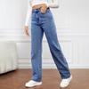 Women Jeans High Waist Zipper Button Closure Solid Color Slim Fit Wide Leg Retro Straight Pockets Soft Colorfast Lady Full Length Denim Pants