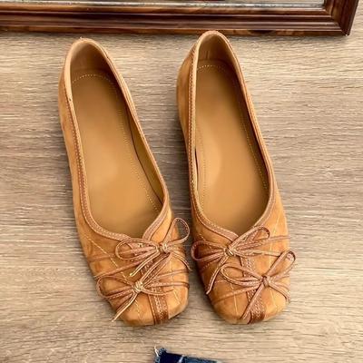 Вариант из овчины! Ретро квадратный носок бант светлый рот одинарная обувь удобная одна педаль повседневная плоская темперамент туфли Мэри Джейн