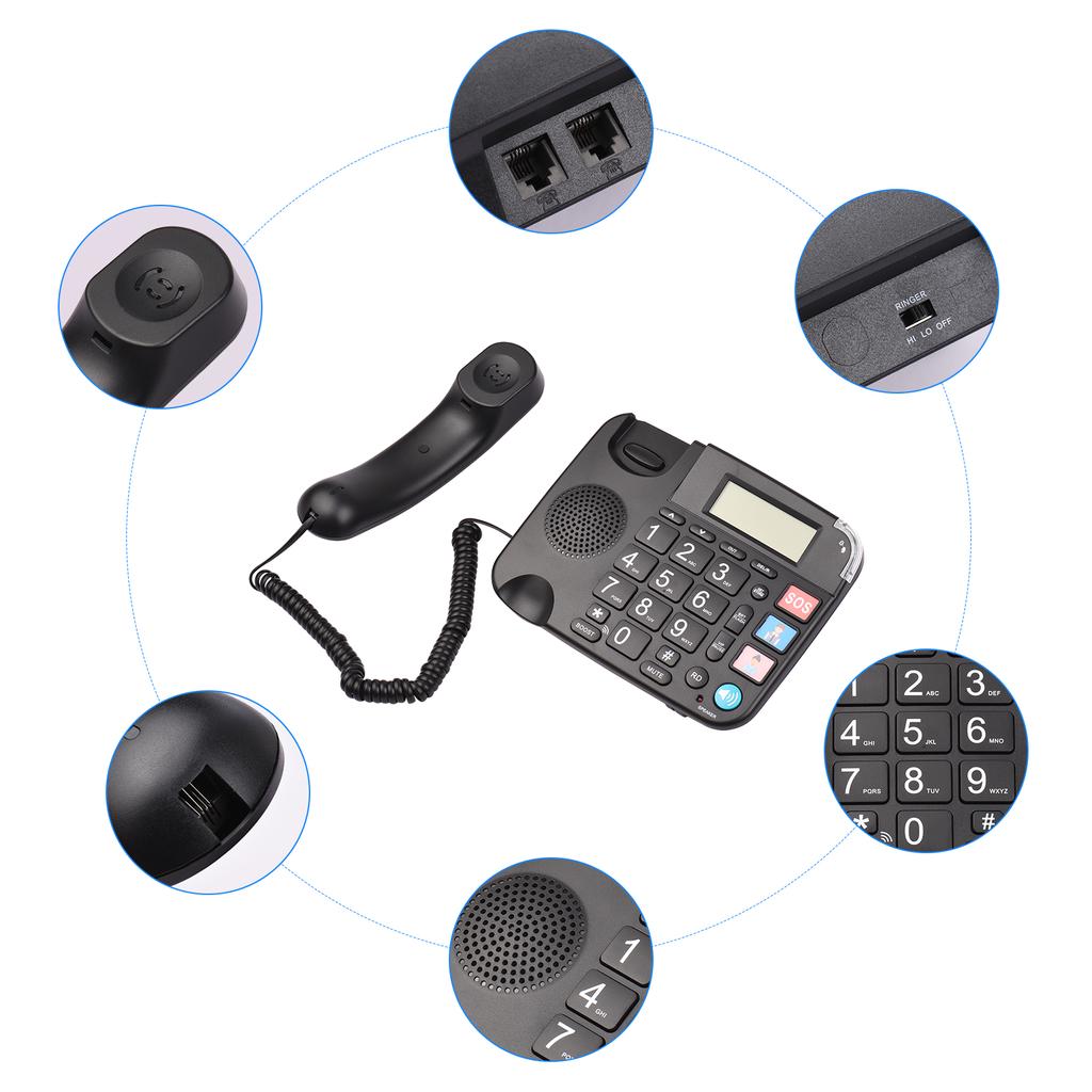 Black Corded Phone with Big Button Desk Landline Phone Telephone Support