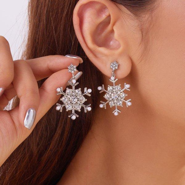 Colorful Crystal Christmas Snowflake Zircon Pearl Earrings Stud For Women Dangle Hook Xmas Party Fashion Jewelry Gift