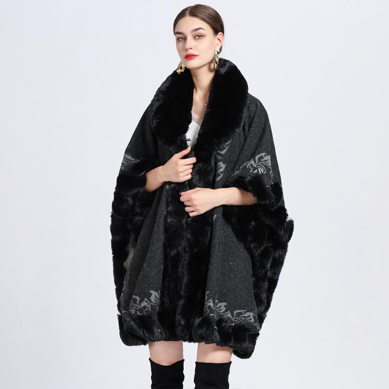Women's Padded Thickened Faux Otter Hair Collar Cape Shawl Loose Large Size Knitted Cardigan Jacket