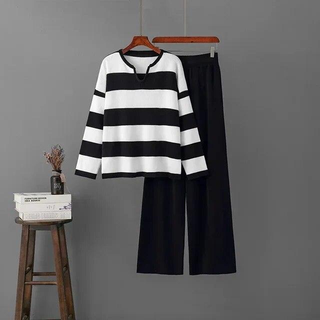 Two-piece Sets Vintage Elegant V-neck Long-sleeved Contrast Striped Knit Sweater Women Tracksuit High Waist Draped Pants Sets