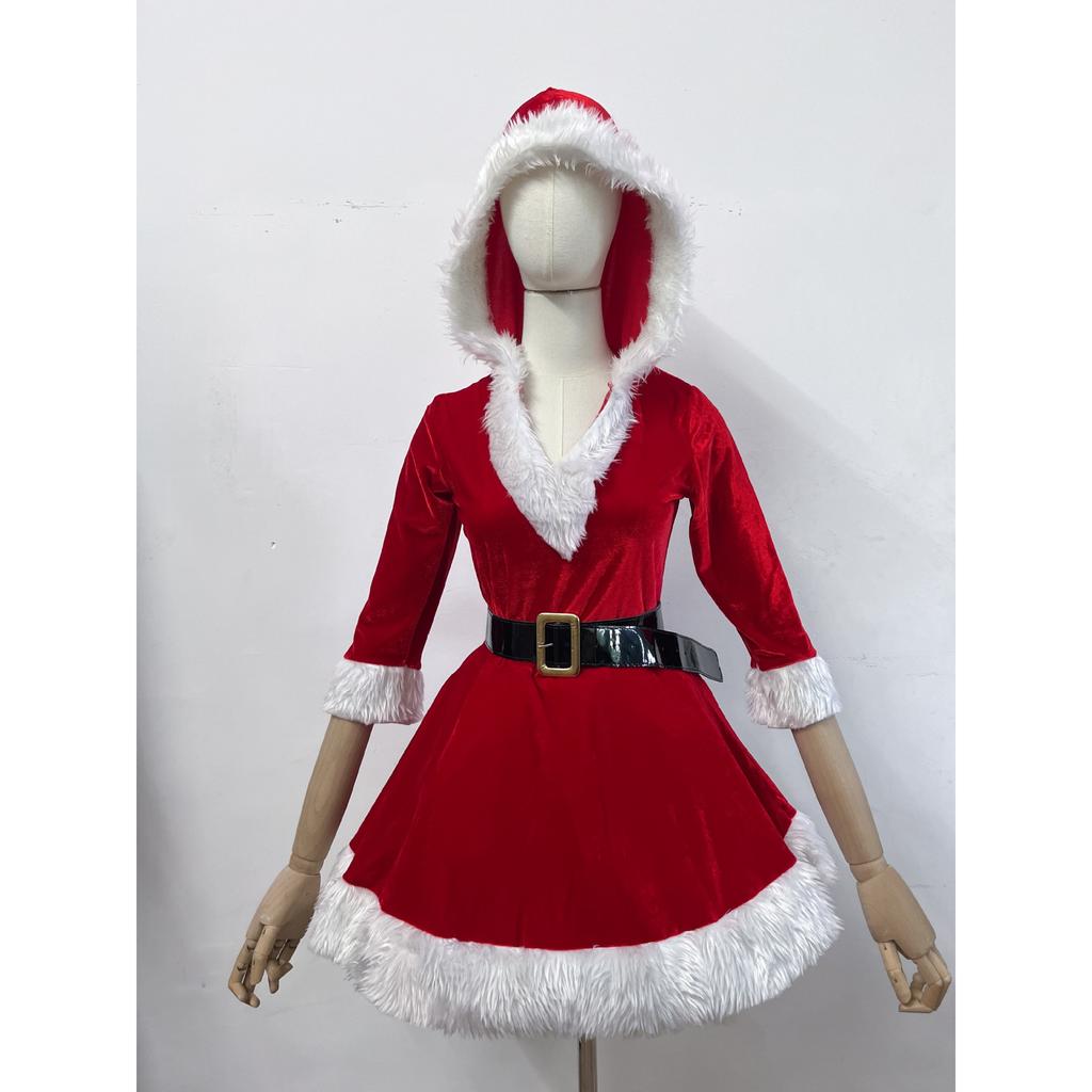 Рождественский костюм Санты для женщин, карнавальный набор, с капюшоном и V-образным вырезом (Красный зеленый), Сексуальное праздничное платье для острой девушки с поясом