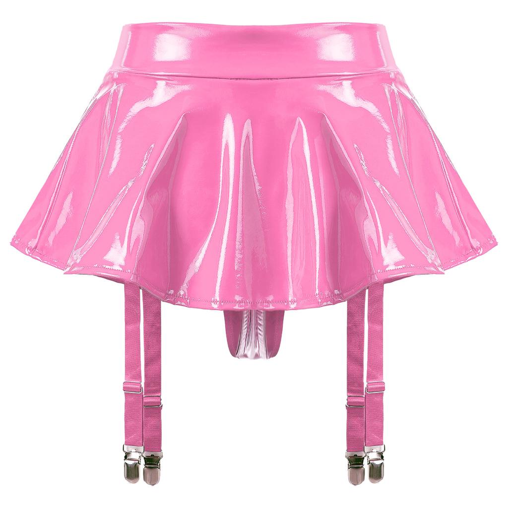 Womens Wet Look Patent Leather Ruffle Skirt Built-in Thongs Garter Belts Metal Clips Miniskirt Party Clubwear