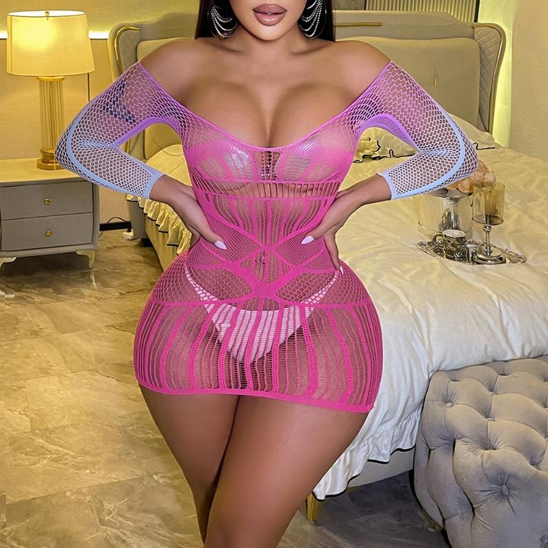 Sexy Lingerie Gradual Change Rose Red Hip Skirt Tube Top Long Sleeve Mesh Skirt Hollow Transparent