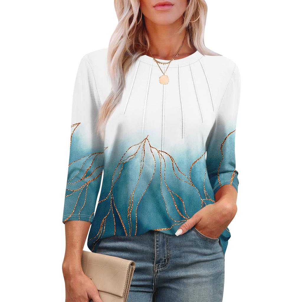 Женская модная футболка с круглым вырезом и рукавом 3/4 с принтом, повседневная, базовая, плиссированная, пуловер