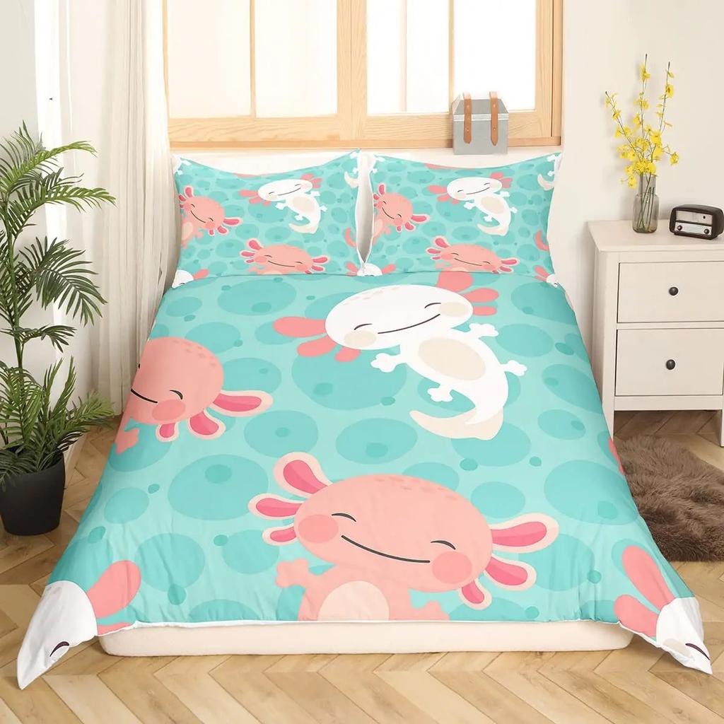 Axolotl Duvet Cover Set Pink Newt Wildlife Comforter Cover With Pillowcases Cartoon Octopus Animal Kawaii Style Twin Quilt Cover