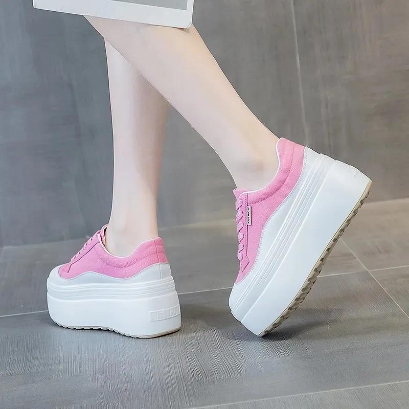 Мода 8см Новые Холщовые Натуральная Кожа Женские Розовые Модные Кроссовки Платформа Обувь Клиновидный Скрытый Каблук Женские Летние Смешанный Цвет Вулканизированные
