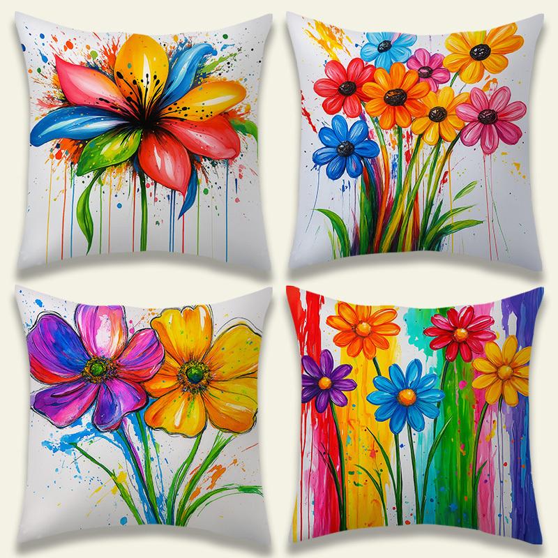 4Pcs Colorful Splash Paint Flower Throw Pillow Covers, Vibrant Double-Sided Printed Cushion Cases, Energetic Boho Home Decor