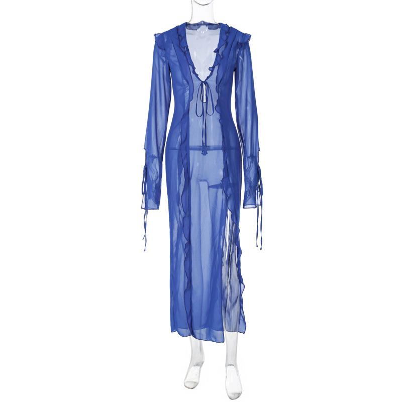 EDOLYNSA Sexy V Neck Perspective Ruffle Drawstring Maxi Dresses Women Spring Summer Elegant Side Split Beach Dress Cover Up A1942