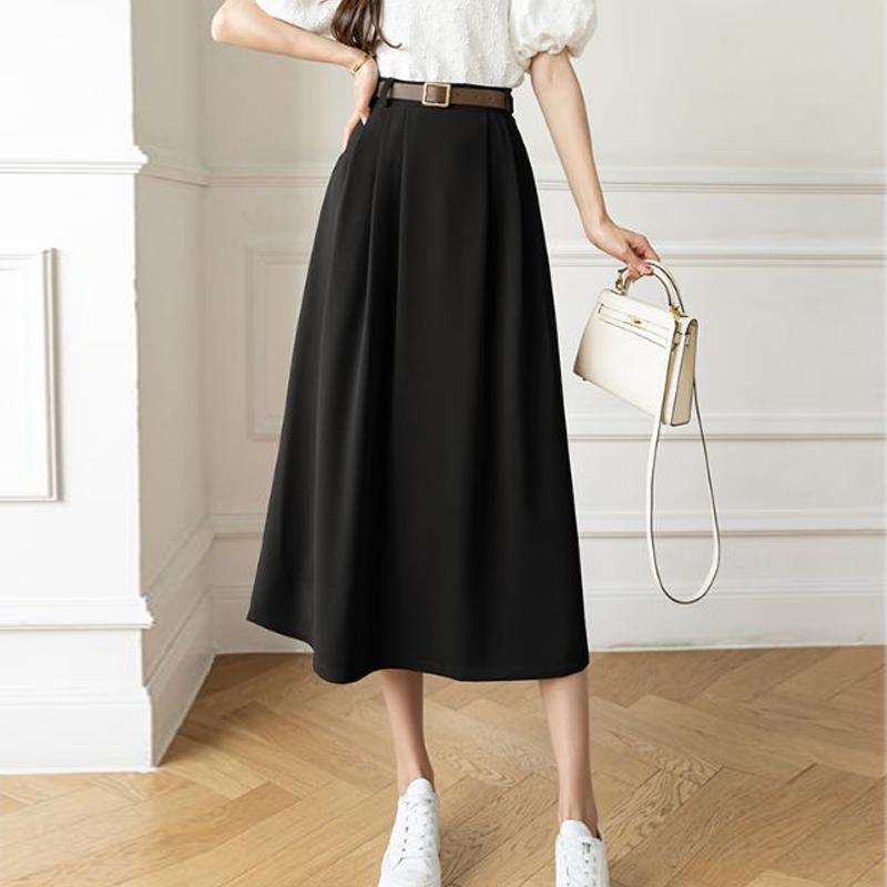 Летние повседневные юбки с высокой талией, женская мода, корейский стиль, однотонные, универсальные, элегантные, длинные юбки А-силуэта, Faldas