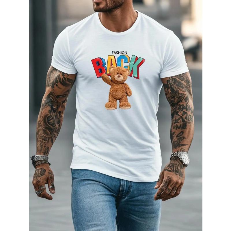 Мужская белая футболка с ярким принтом FASHION BACK и мишкой - Футболка с принтом на спине, круглым вырезом, коротким рукавом, свободного кроя, повседневная рубашка для лета