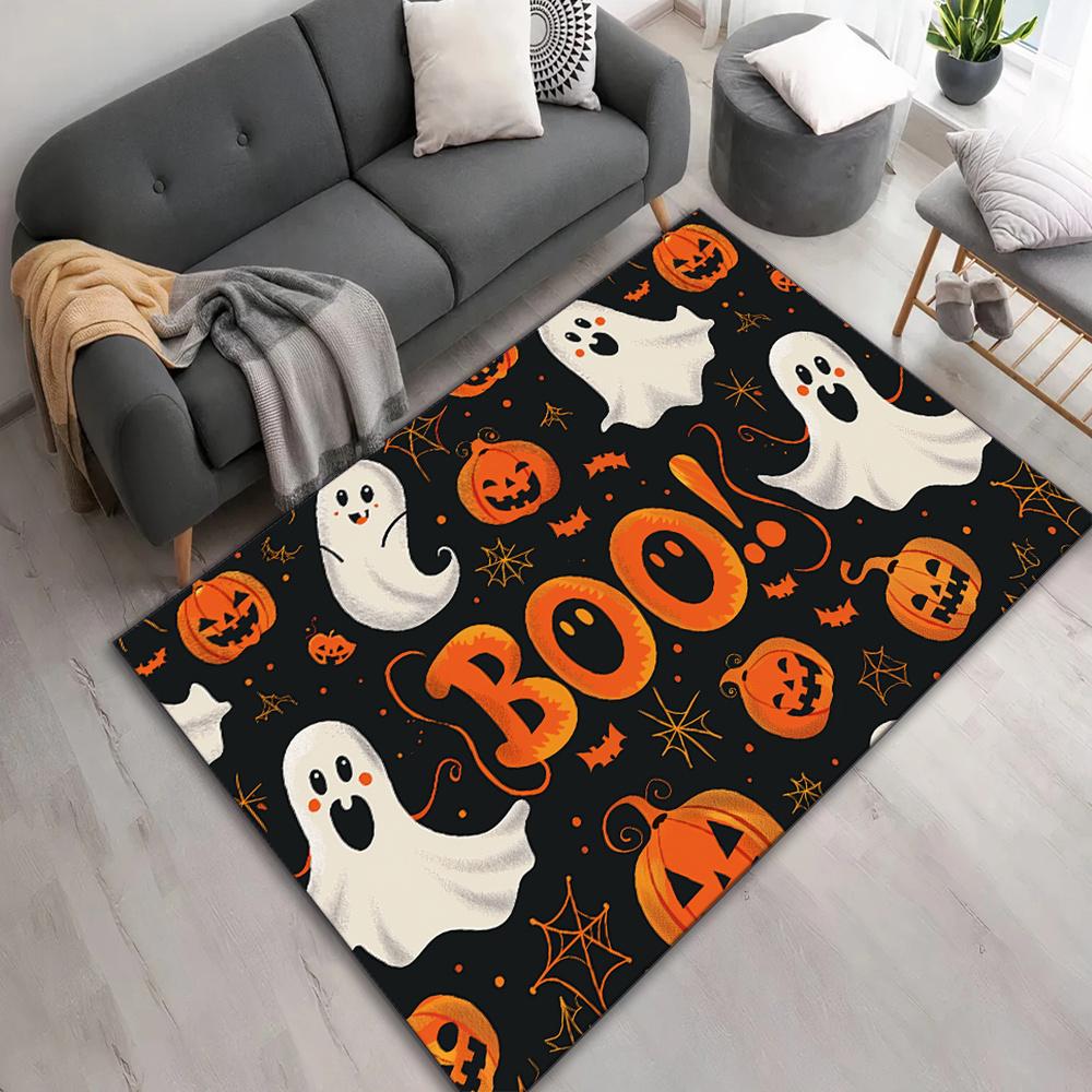 Halloween Themed Polyester Area Rug – Spooky Pumpkin & Ghost Pattern with Non-Slip Rubber Backing, Durable Crystal Velvet Floor