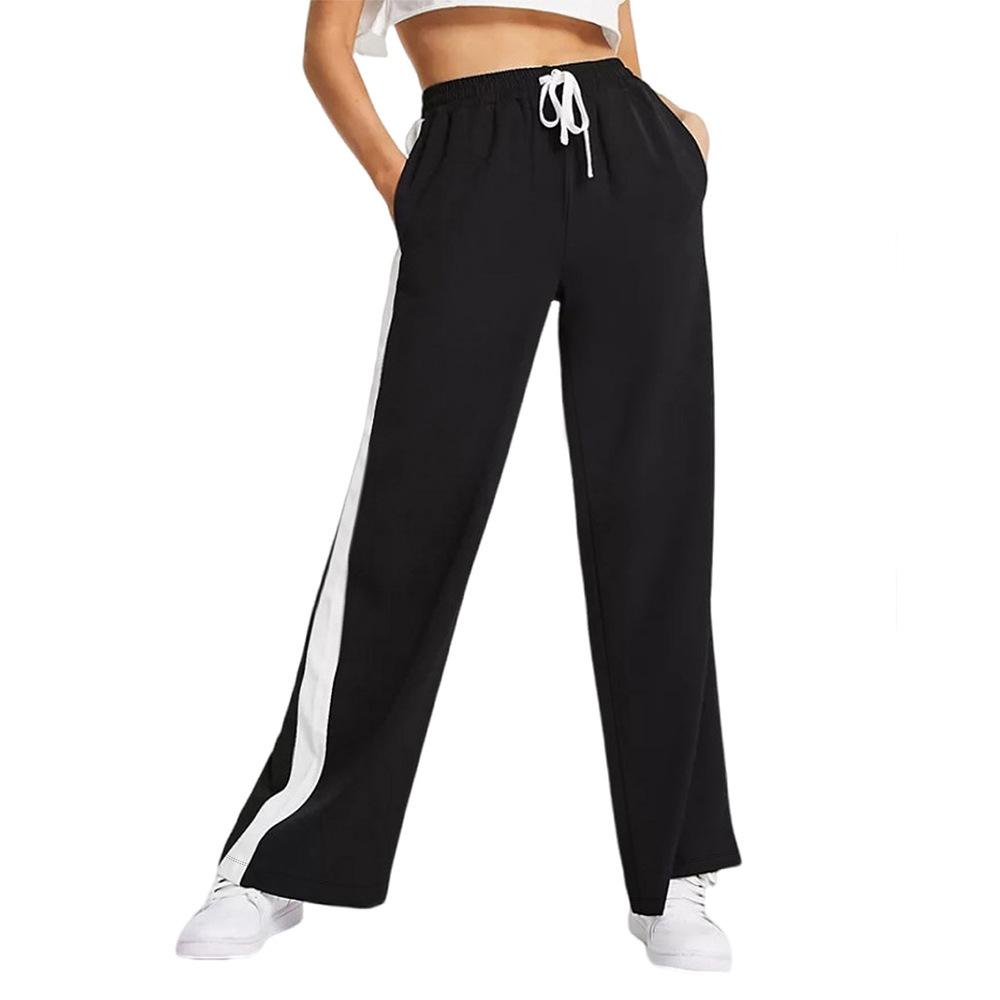 Contrasting Colour Block Elastic Waist Wide-leg Pants Casual Straight-leg Pants for Women Wide-leg